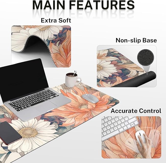 Britimes Boho Aesthetic Flower Keyboard Mouse Pad Set Orange White Florals 4in1 Large Mousepad+Keyboard Wrist Rest+Mouse Wrist Rest+Coaster Ergonomic Design for Home Office Computer 35.4x15.7 inches