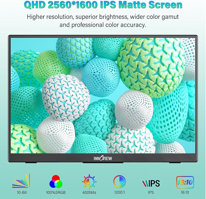 InnoView 16 Portable Monitor 120Hz 2.5K QHD 2160x1600 100% sRGB Laptop Screen Extender | 2 x Type-C &amp HDMI Portable Monitor for Macbook/Switch/PS5/Xbox(Adapter Excluded)