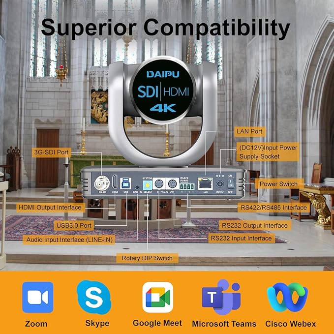 PTZ Camera 4K 20X Optical Zoom Conference Room Camera HDMI USB3.0 SDI LAN PoE 1/2.8 8.51 MP CMOS Sensor AI Auto Tracking 255 Presets for Church Worship Live Streaming Business Video Conference