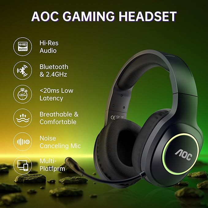 AOC Wireless Gaming Headphones with Bluetooth 5.4 &amp USB-C for PS5/4 Nintendo Switch PC Laptop 2.4GHz Gaming Headset with Mic 20ms Latency 45H Playtime 7.1 Virtual Surround- Glossy Black
