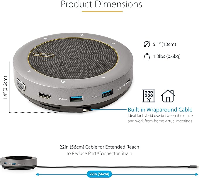 StarTech.com USB-C Speakerphone Docking Station for MacBook Pro M1 M2 M3 M4 and Windows 4K 60Hz HDMI or 1080p VGA Video USB 5Gbps Hub 100W Laptop Charging Portable Speaker