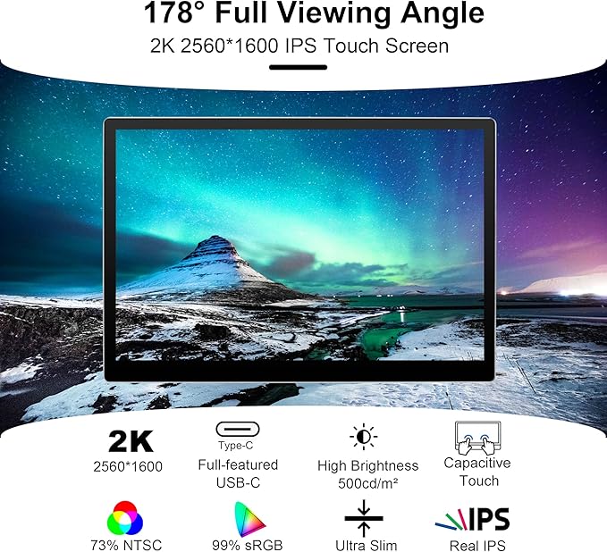 Portable Monitor 9 inch 2K 2560 * 1600 IPS Touch Screen 73% NTSC USB C HDMI Secondary External Computer Laptop LCD Monitor for MacBook Pro Air PC Laptop Phone Xbox PS5