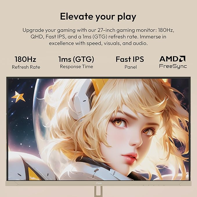 Pixio Two PX278 Wave Beige 27 inch 180Hz Refresh Rate FHD 1440p Resolution Fast IPS Panel 1ms GTG Response Time Gaming Monitor and PS1D Wave Beige Dual Monitor Arm - Fits up to 32 inches and 19.8lbs