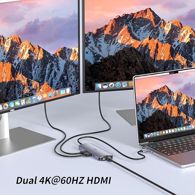 USB-C Hub (10-in-1) Dual 4K HDMI 100W PD Fast Charging HDMI Extension USB A3.0×2 USB C3.0×1 5Gbps Data Transfer USB2.0×2 3.5mm Audio 1000Gbps Ethernet Port USB C Docking Station with 2 HDMI Ports