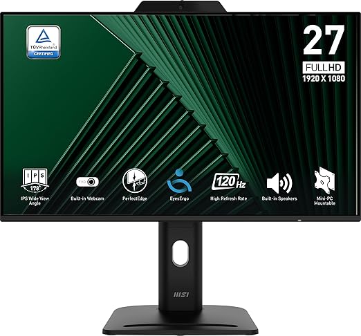 MSI PRO MP272PMG 24-inch IPS 1920 x 1080 (FHD) Computer Monitor 120Hz Webcam Adaptive-Synch EPEAT Silver HDMI DisplayPort VGA Port VESA Mountable Tilt Height Adjustable Speaker 1ms Black