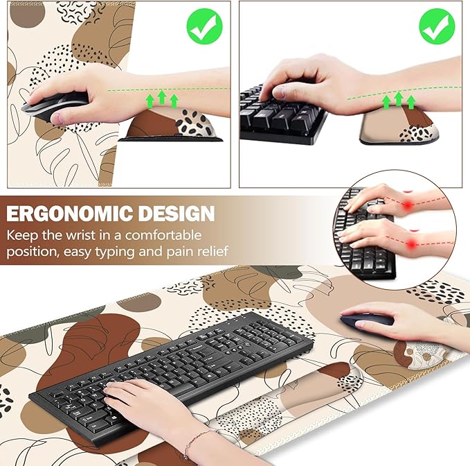 ARTSO Desk Pad and Keyboard Wrist Rest Large Gaming Mouse Pad+Keyboard Wrist Pad+Mouse Wrist Support 4 in 1 Desk Mat Protector for Office Home (Abstract Leaf)