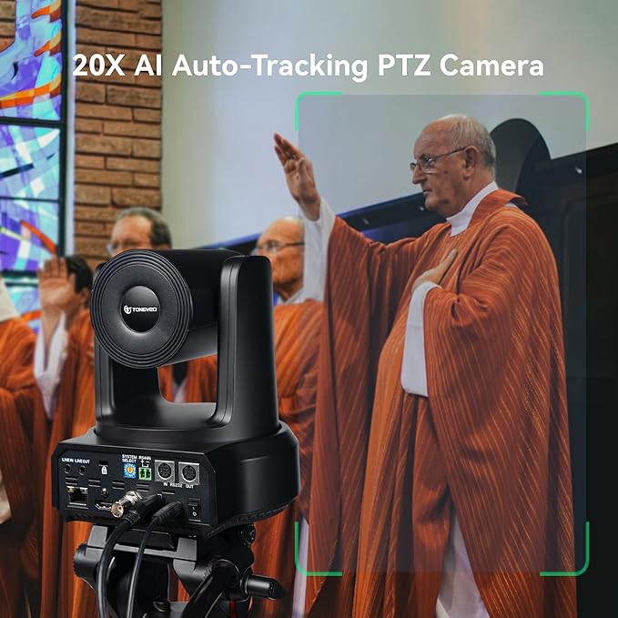 TONGVEO AI Auto-Tracking PTZ Camera: 20X Optical Zoom 1080P 60fps HDMI SDI USB PoE Video Camera for Church Worship Live Streaming Conference Room Webcam for OBS