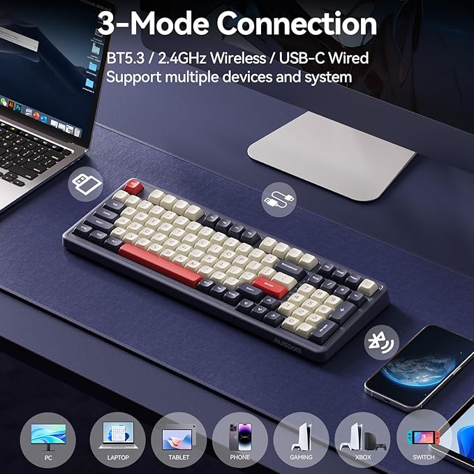 AUSDOM Wireless Bluetooth Mechanical Keyboard BT5.3/Type-C/2.4G Tri-Mode Hot swappable Custom Gaming Keyboards Gasket RGB Numpad Blue Computer Keyboard for Mac/Win/Office 98 Keys(Click Sound)