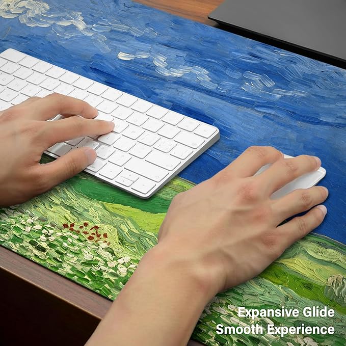 Large Mouse PadExtra Long and Thick Desktop Mouse Pad with Stitched Edges Non-Slip Base Waterproof Keyboard Pad for Office and HomeVan Gogh-Wheatfields Under Thunderclouds(35.4x15.7x0.12 Inch)
