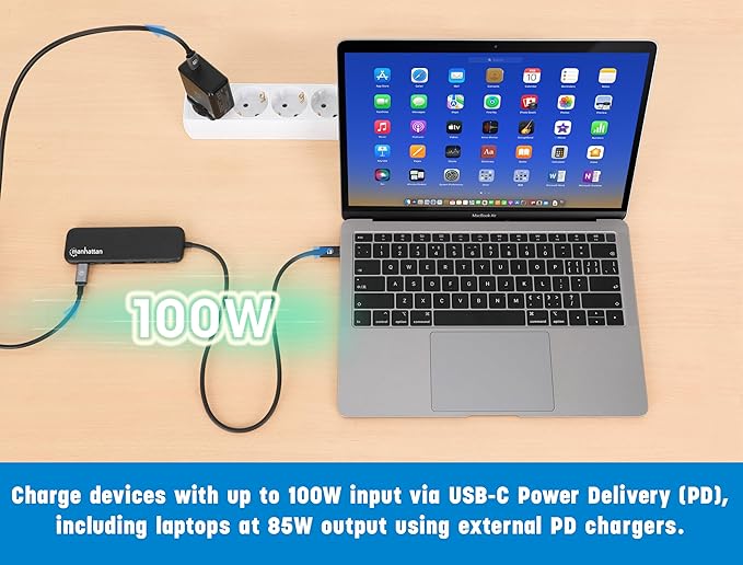 Manhattan 5 in 1 USB C Docking Station Hub – Long 20 in Cord - 100W PD 4k HDMI 2 USB-A 3.0 1 USB-C 5Gbps Data Port - Multiport Adapter for MacBook Air Pro &amp Type C Devices–3 Yr Mfg Warranty-130