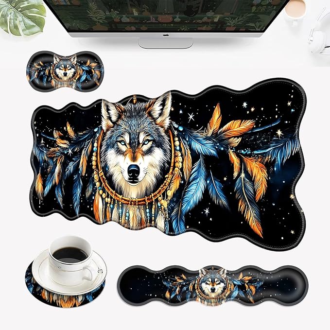 Desk Mat Mouse Pad with Wrist Rest 4-in-1 Large Mouse Pads for Desk Ergonomic Mouse Pad and Keyboard Wrist Rest Gaming Keyboard Mat for OfficeDreamcatcher Wolf