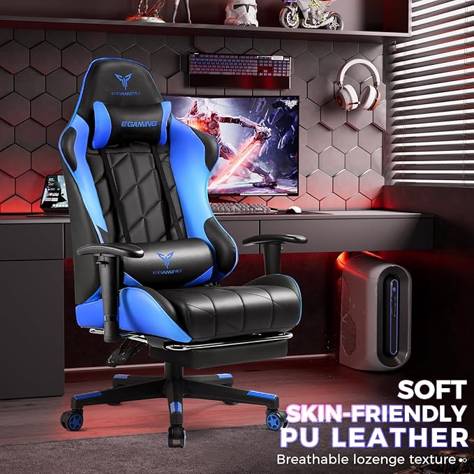 Gaming Chair Big and Tall Video Game Chair with High Back PU Leather Home Office Ergonomic Computer Chair with Footrest Adjustable Height 360° Swivel Wheels for Adults and Teens