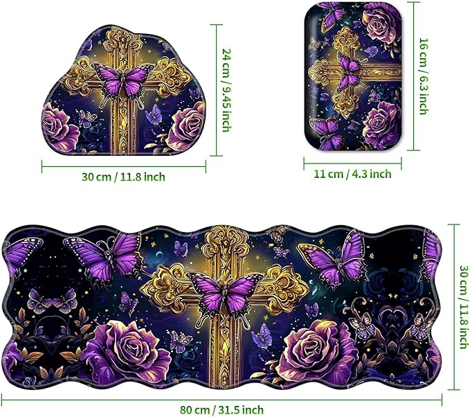 3-Piece Ergonomic Desk Mat &amp Cloud Wrist Rest Set Large 31.5 x 11.8 Wave Office Desk Pad with Memory Foam Support Non-Slip Computer Protector for Home Gaming Purple Butterfly Cross