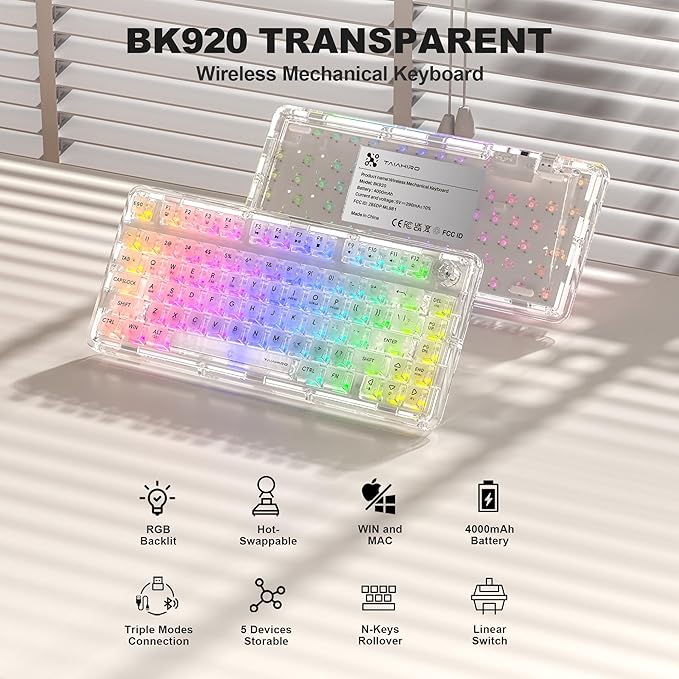 Transparent Mechanical Keyboard RGB Backlit Wireless Creamy Gaming Keyboards Hot Swap Customizable Clear Acrylic Design 80-Key Quiet Linear Switches 3 Modes BT5.0/2.4G/USB-C 4000mAh Battery White