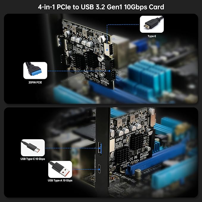 USB 3.1 PCIe Card RIITOP PCI-e 3.0 x4 to USB3.2 Gen2 Adapter (10Gbps) Expands to 20Pin + Type-E + 1x USB 3.0 + 1x USB C