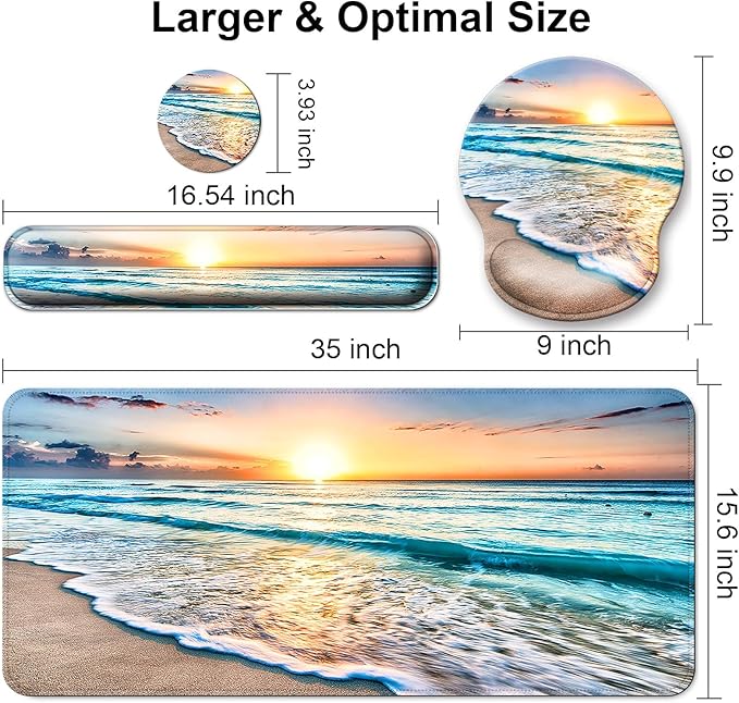 Mouse Pad + Desk Mat + Keyboard Wrist Rest + Coaster 4 in 1 Set Cute Ergonomic Large Gaming Mousepad with Wrist Rest Support Desk Pad for Computer Laptop Office Home Decor-Beach