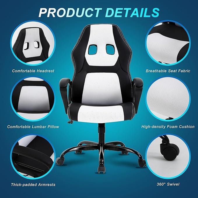 Silla Gamer Ergonomic Office Chair - Leather Racing Chair with Massage Rolling Comfy for Adults and Kids - White
