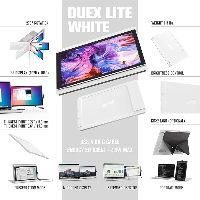 Portable Monitor -Mobile Pixels Duex Lite Laptop Monitor with 12.5 Full HD 1920x1080p IPS DisplayUSBC Monitor ExtenderPlug and PlayAny Laptops Compatible (White) (Renewed)