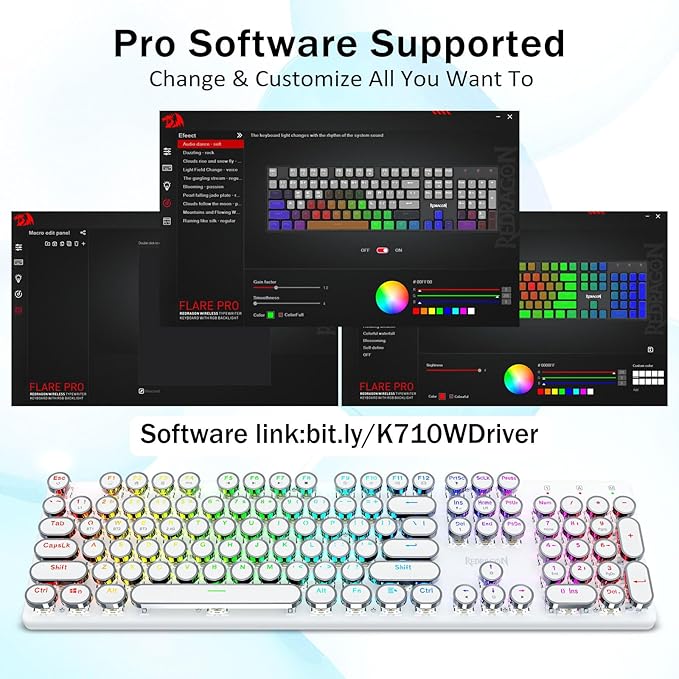 Redragon K710 Wireless Typewriter Mechanical Gaming Keyboard Bluetooth/2.4Ghz/Wired RGB LED Backlit Blue Switch - Clicky Rechargeable Solid Metal Panel Round Keycaps White