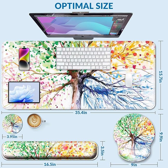 Desk Mat Set + Keyboard and Mouse Pad with Wrist Rest Support4-in-1 Large Mousepad Computer Mats for Desktop Home &amp Office-Watercolor Tree