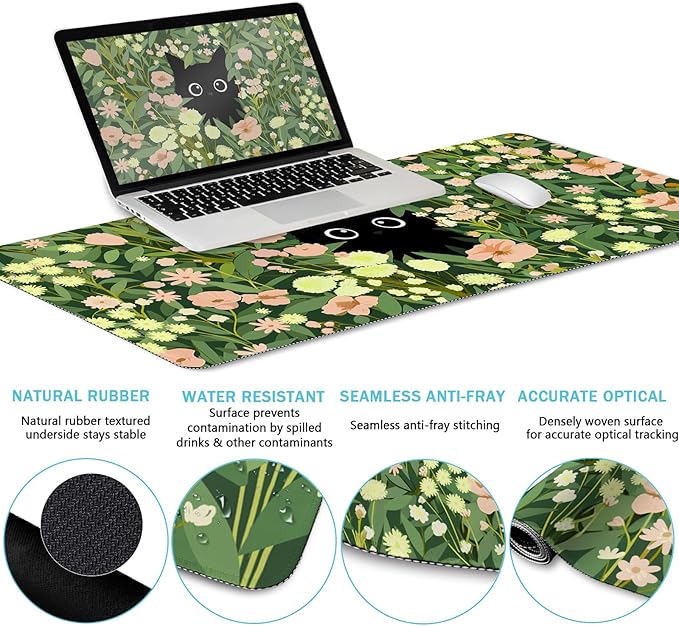Blusabaca Black Cat Mouse Pad Desk Mat Large Gaming Mouse Pad with Wrist Rest Keyboard Pad Wrist Rest Cup Coaster Work Home Desk Accessories