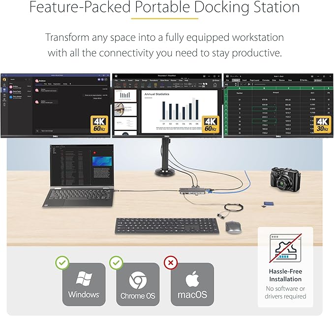 StarTech.com USB-C Docking Station for Windows and ChromeOS Triple 4K HDMI DP Video USB 10Gbps Hub 100W Laptop Charging GbE SD MicroSD