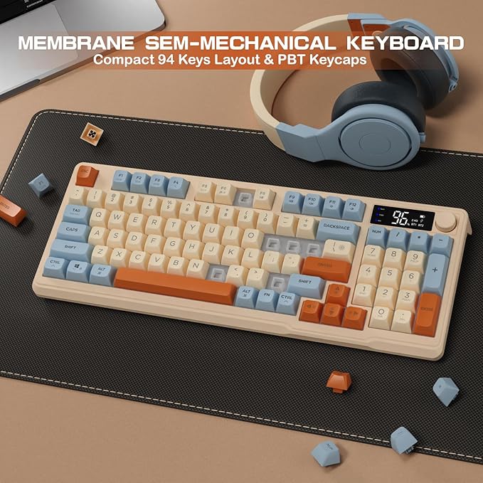 ZIYOU LANG M96 Wireless Gaming Silent Membrane KeyboardDisplay Screen &amp Knob with Multimedia Keys Dual Mode Bluetooth/2.4GhzRainbow Backlight 94Keys Ball Shape PBT Keycap ANSI Layout for Win/Mac