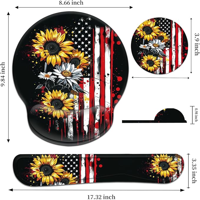 Keyboard Wrist Rest and Mouse Pad Wrist Support Set with CoasterComfortable for Easy TypingPain ReliefMemory Foam Keyboard Pad Set for Laptop MacAmerican Flag Sunflower