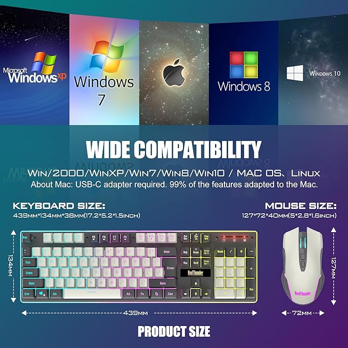 RedThunder K10 Wireless Gaming Keyboard and Mouse Combo LED Backlit Rechargeable 3800mAh Battery Mechanical Feel Anti-ghosting Keyboard + 7D 3200DPI Mice for PC Gamer (White-Gray)