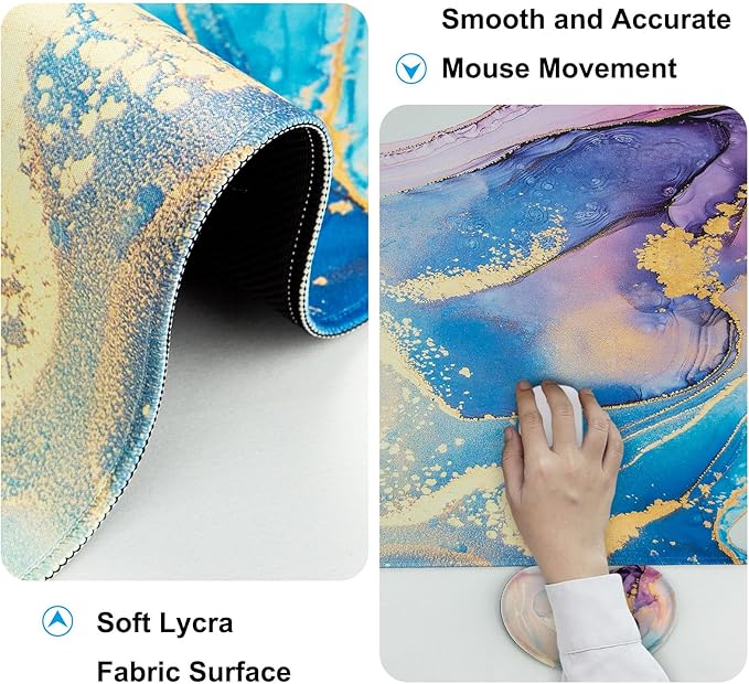 Keyboard Wrist Rest + Mouse Pad with Wrist Support + Desk Mat + Coaster 4 in 1 Set XXL Large Gaming Mousepad Cute Ergonomic Mouse Pads for Desk Computer Laptop Office Decor-Blue Marble