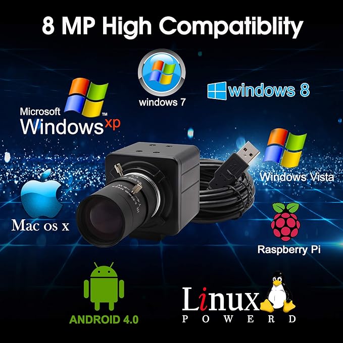 8MP USB Camera 2448P Webcam with Zoom Lens Video Conference Streaming Industria Camera UVC Plug Play PC Webcam for Windows Linux MAC OS Android Raspberry Pi