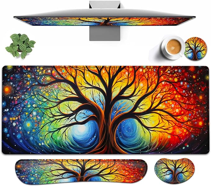 Large Mouse pad and Keyboard Support Set Ergonomic Memory Foam Keyboard Wrist Rest Extended Gaming Mouse Pad with Stitched Edges Colorful Tree of Life XXL Desk Mat (31.5 X 11.8 in)