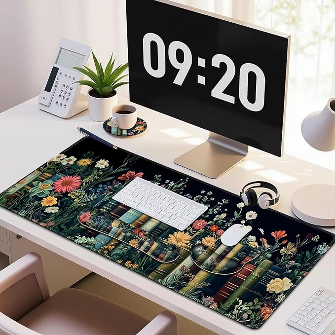 Wildflowers Mouse Pad Large Desk Mat Extended Nature Botanical Aesthetic Deskpad 4 PCS Non-Slip Rubber Base Computer Mouse Pads for Work Game Office Home Decor Gifts I Floral Plants Books