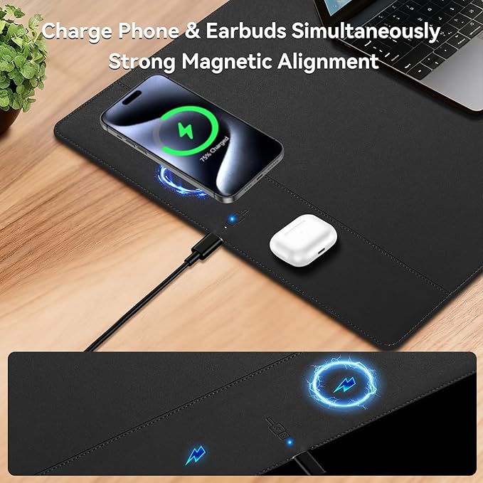 Wireless Charging Mouse Pad 15W Fast Charge Magnetic Charger Desk Pad Large Office Desk Mat (35.4x16.9) with Ultra-Smooth Surface Black Computer Mousepad for MacBook PC Laptop
