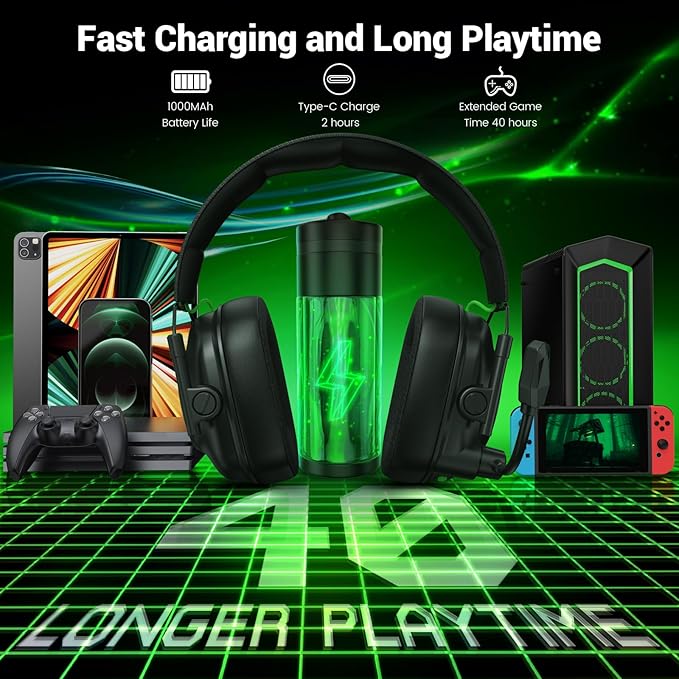 Wireless Gaming Headset with Noise Canceling Microphone for PC PS5 PS4 Switch Mac 2.4 GHz Wireless &amp Bluetooth 5.4 Gaming Headphones Cool RGB Lighting 40Hr Battery 50mm Drivers-Black