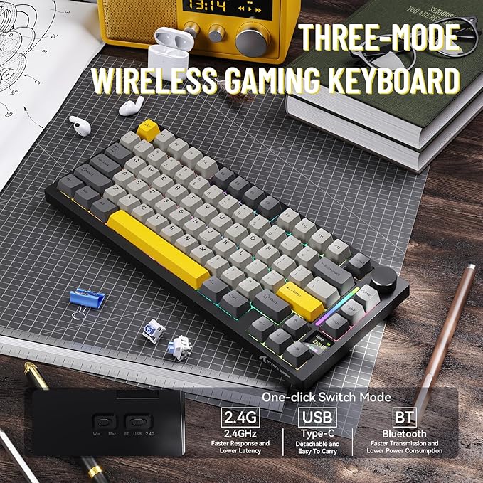 ATTACK SHARK X820ULTRA Wireless Gaming Mechanical Keyboard with TFT Smart Display&ampKnobPBT KeycapsGasket Mounted 75% TKL KeyboardBT5.0/2.4GHz/USB-CRGB Backlit for PC（Starry Black Shark Switch）