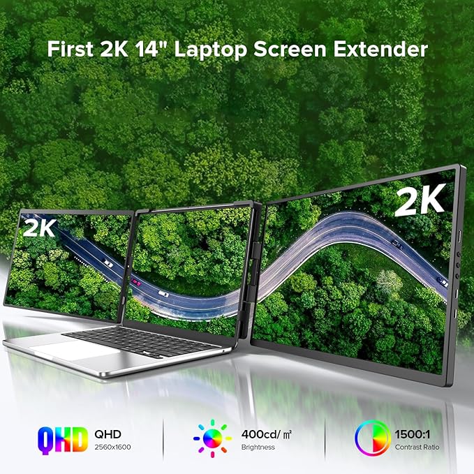 UPERFECT Laptop Screen Extender 2K 14 360° Patented Unique Swivel Hinge Triple Monitor 2240x1400 QHD IPS Portable Dual Monitor for 13.3-17.3'' Laptops Plug &amp Play with Mac Wins Android