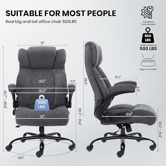 500lbs Big and Tall Office Chair Adjustable Lumbar Support for Back Pain Extra Wide Seat Executive Office Chair Thick Armrest Pad Heavy Duty Base&ampUpgraded Wheels Ergonomic Comfy Computer Desk C