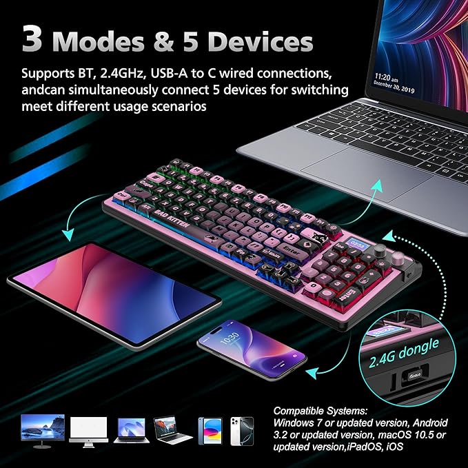 H98 Wireless Mechanical Keyboard96-Key Hot-Swappable Wired Gaming KeyboardTri-Mode Bluetooth 5.0 2.4G USB-C1.14 Color ScreenDouble Knob6000mAhRGBPBT Keycaps for PC Mac iPad-Black