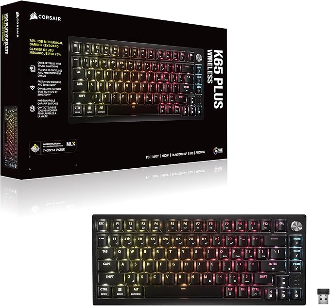 Corsair K65 Plus Wireless 75% RGB Hot-Swappable Mechanical Gaming Keyboard – Pre-Lubricated MLX Fusion Tactile Switches – Dual-Layer Sound Dampening – PBT Keycaps – QWERTY NA – Black