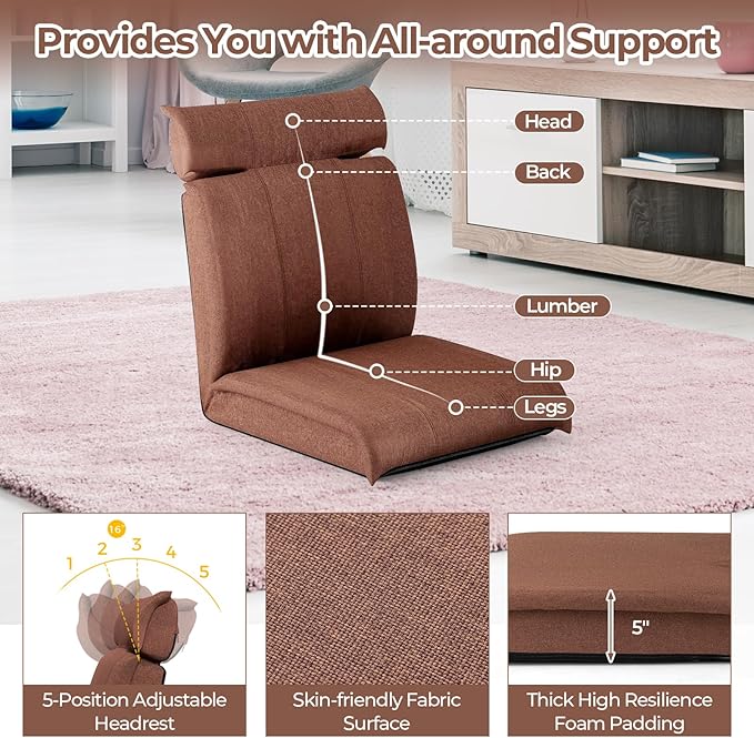 Giantex Floor Chair Floor Gaming Chair with Back Support 14-Poistion Adjustable Backrest 5-Position Adjustable Headrest Load 330 Lbs Lazy Sofa Couch Recliner for TV Reading Meditation (Brown)