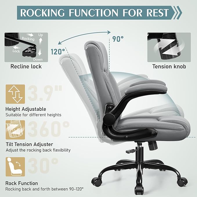 Leather Office Chair Ergonomic Back Support PU Home Office Desk Chair - 360° Free Swivel Compact Gaming Chair with Rolling Wheels &amp Adjustable Armrests