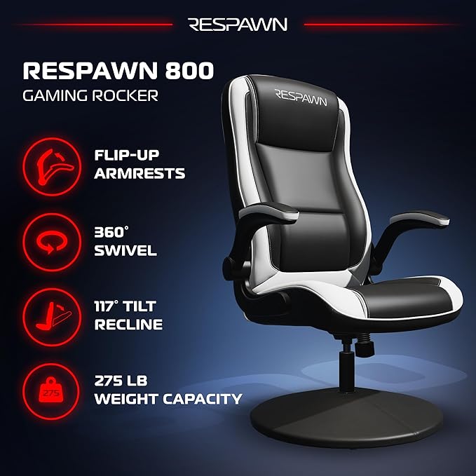 RESPAWN 800 Swivel Rocker Gaming Chair - Ergonomic Floor Gaming Seat with Lumbar Support Flip Up Armrest High Back Pedestal Base Comfortable No Wheels Console Video Game Rocker Chair - White