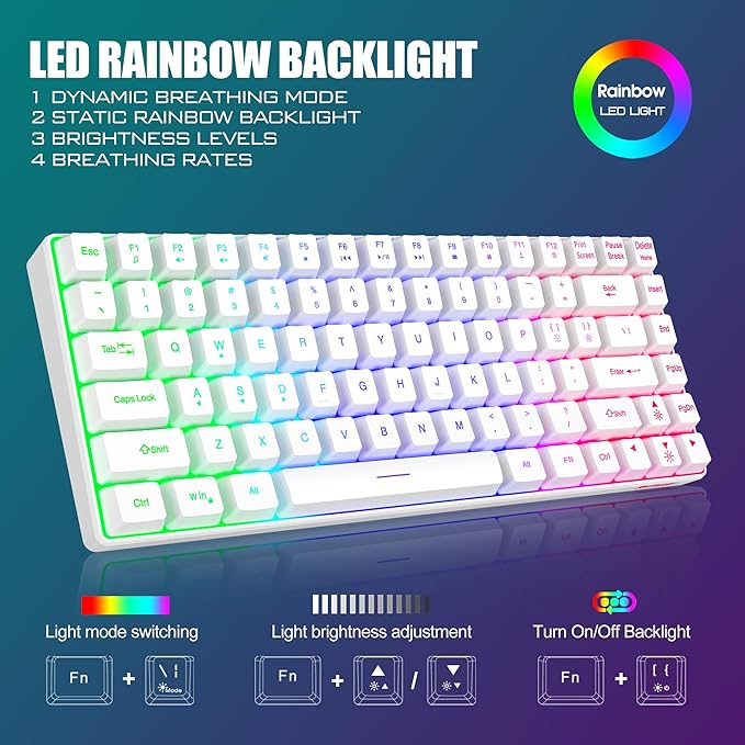 RedThunder K84 Wireless Keyboard and Mouse Combo Rainbow Backlit Rechargeable Battery 75% Layout TKL Ultra Compact Gaming Keyboard &amp Lightweight 3200 DPI Honeycomb Optical Mouse (White)