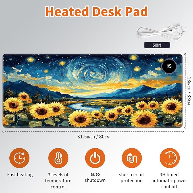 Heated Mouse PadWarm Desk Pad with 3 Levels Heating &amp 3 Hours Auto Shut-Off PU Leather Heated Desk Pad Warmer Pad for Home Office - 31.5 x 13 inchStarry Sky Sunflower