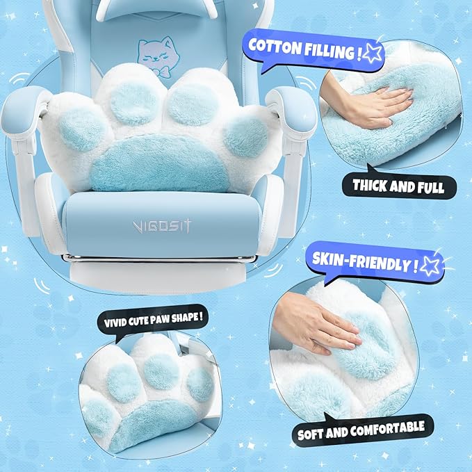 Gaming Chair Cute with Cat Ears Paw Lumbar and CushionErgonomic Computer Chair with FootrestReclining PC Game Chair for Girl Computer Chair 300lbs for Adult (Blue)