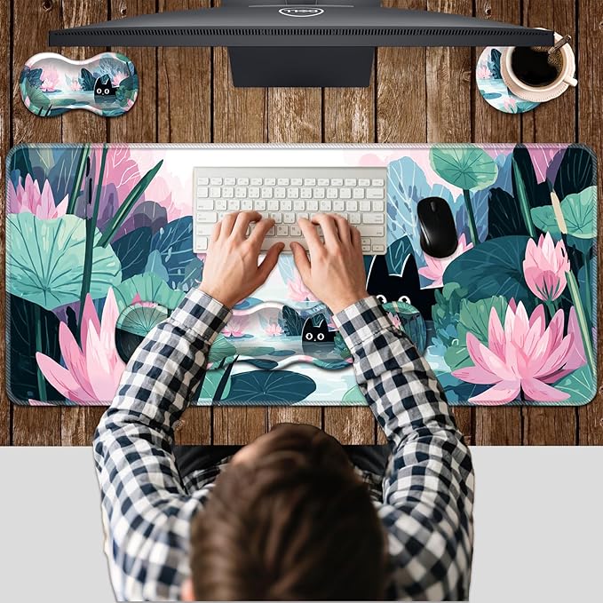 Ergonomic Keyboard Wrist Rest &amp Mouse Pad Wrist Rest SetXL Gaming Desk Mat 31.5x 11.8Non-Slip BaseMemory FoamEasy Typing Pain Relief for Office &amp HomeBlack Cat in Lotus Pond