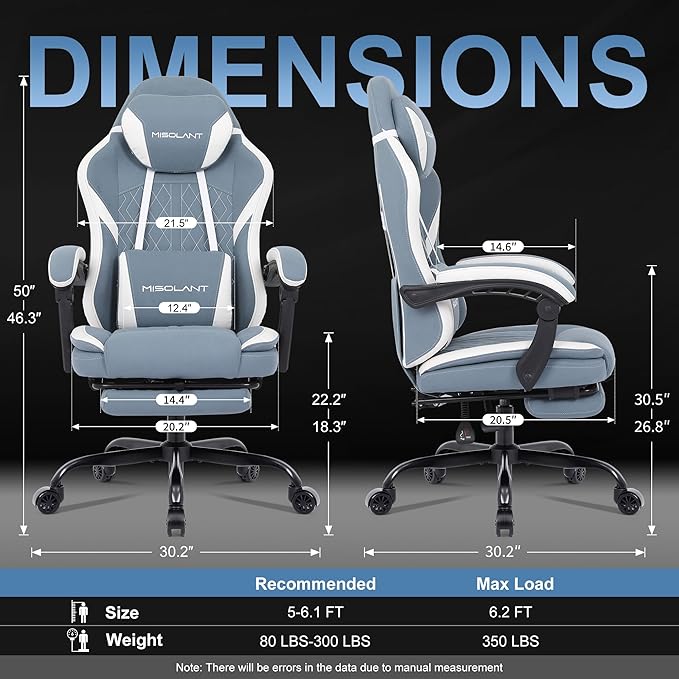 Misolant Gaming Chair Fabric Gamer Chair with footrest for Adults High Back Ergonomic Computer Game Chair with Adjustable Headrest and Massage Lumbar Support 90-155° Recline Free Blue