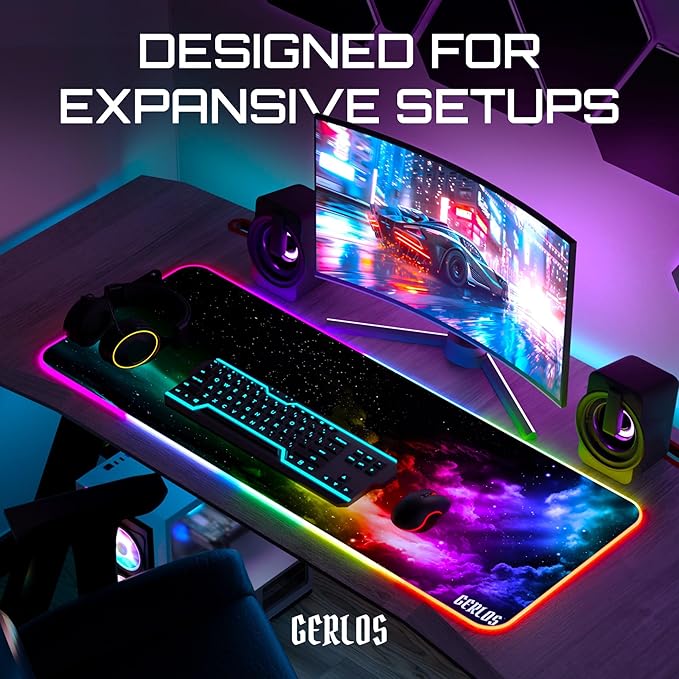 Gerlos RGB Large Gaming Mouse Pad Extended Soft LED Mouse Pad Non-Slip Rubber Base Water Resist Keyboard Pad Computer Mousepad 31.5×11.8 inches