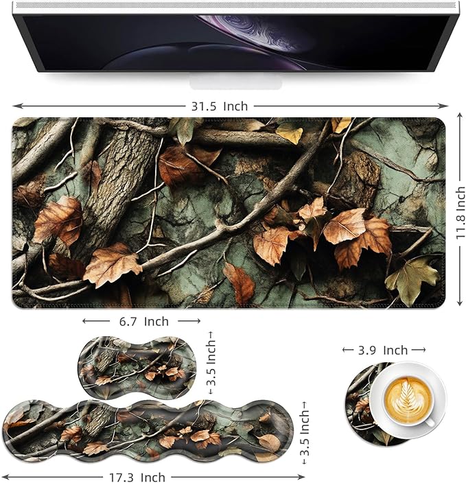 Keyboard Mouse Pad Set Extended Gaming Mouse Pad+Ergonomics Keyboard Wrist Rest Support Memory Foam Easy Typing Pain Relief 4Pcs XL Ultra Thick Desk MatAutumn Leaves Branch Camo